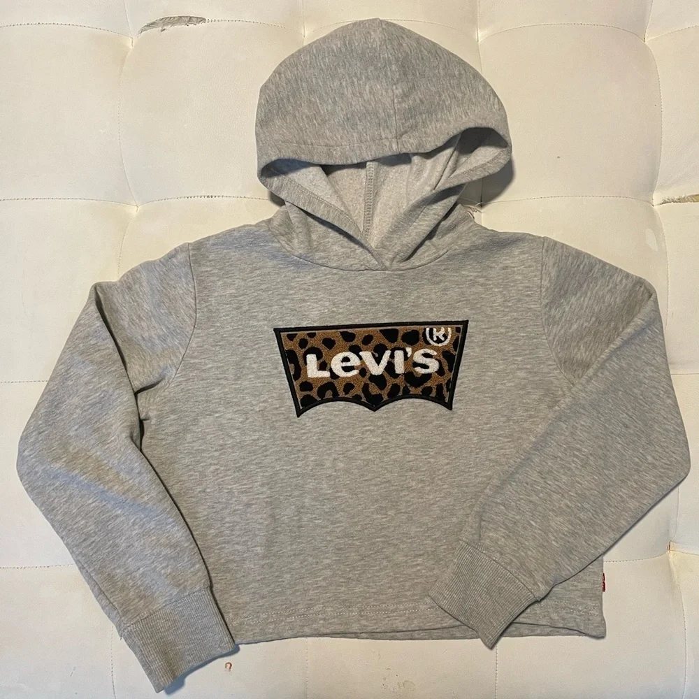 Levi's Gray girls Crop Hoodie with Leopard Logo - Picture 1 of 7